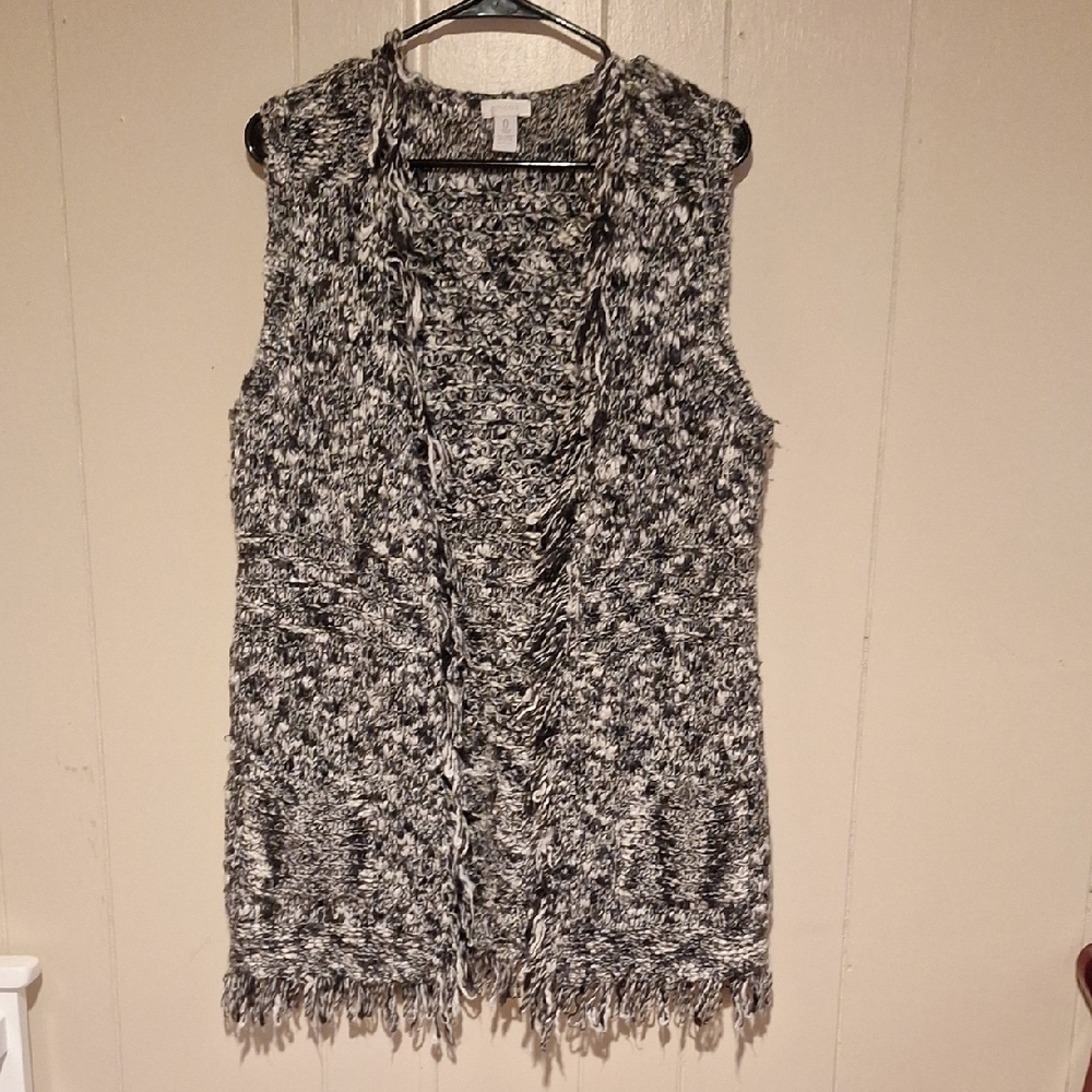 Chico's Women's Gray and White Fringed Sleeveless Cardigan